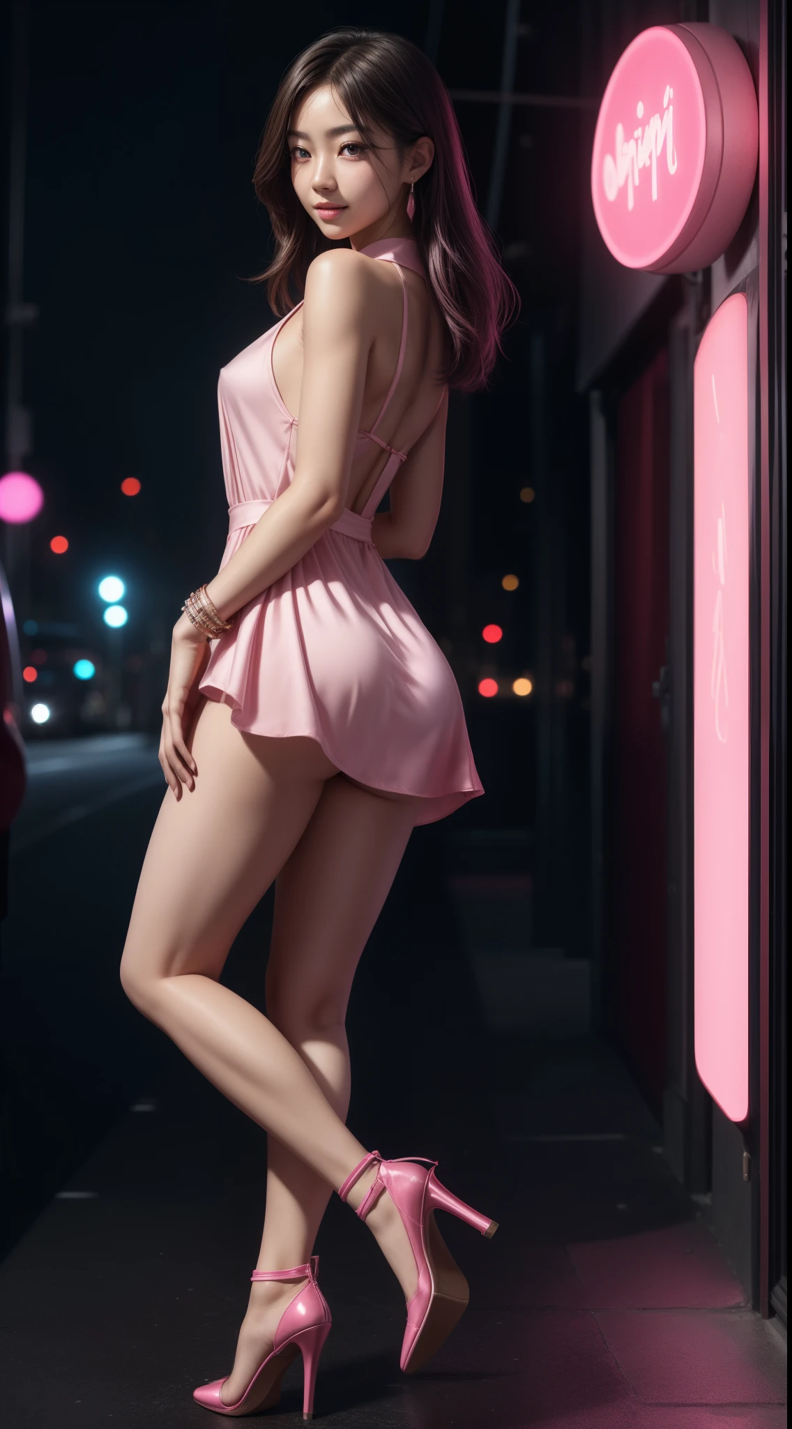 8k, Masterpiece, RAW photo, The best quality, detail:1.2), realistic photo, Extremely detailed 8k unified CG wallpapers, depth of field, cinematic light, Lens flare, ray tracing, (extremely beautiful face, Beautiful lips, Beautiful eyes), Cara de detail intrincado, ((Ultra detailed skin)) 1girll, In the dark, deep shadow, Pretty Korean girl, Kpop idol,(Very lean and lean muscular body:1.3), ((See the viewer)),(big smile), (Pink mini dress), (pink dress), (No panties), (Injection cuff) , (evening de la ciudad, (Neon light sign), (evening), Pretty Korean girl, earrings, bracelet, collar, sin pantys, light eyes, andante , (pale skin), Face forward, (large eyes), ((Full body shots)), (heels), Mini pink dress, Pink silk mini dress, No panties, (NSFW), Go back, rear shot