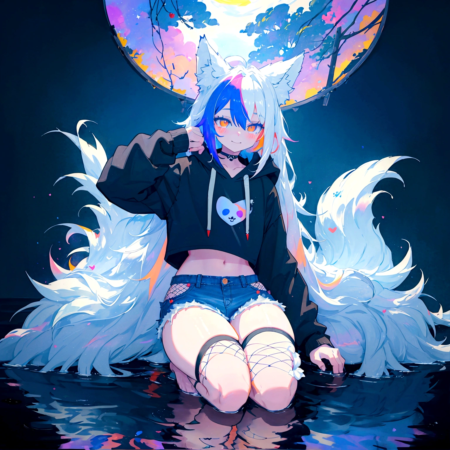 a cute adult male with wolf ears, long white hair, long locks, has a wolf tail, wearing a loose cropped black hoodie, wearing a pair of denim short shorts and fishnet stockings, thick thighs, wide hips, relaxing on mound of fluffy multi colored kawaii plushies, short, very slim, showing slender tummy, heart on hoodie, squishy thighs, has glowing blue eyes. alone, solo (ALONE)(SOLO), surrounded by rainbows, colorful galaxy backround, smiling, stretching out, water reflection