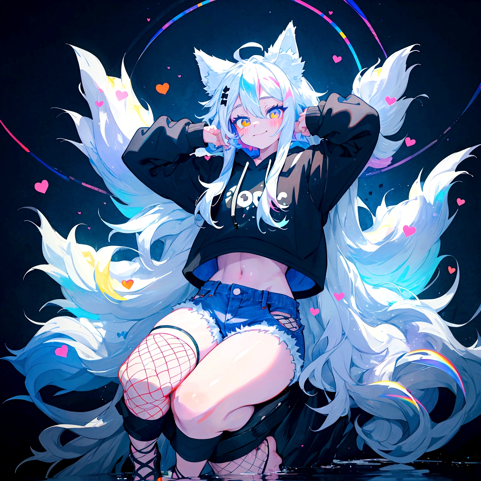 a cute adult male with wolf ears, long white hair, long locks, has a wolf tail, wearing a loose cropped black hoodie, wearing a pair of denim short shorts and fishnet stockings, thick thighs, wide hips, relaxing on mound of fluffy multi colored kawaii plushies, short, very slim, showing slender tummy, heart on hoodie, squishy thighs, has glowing blue eyes. alone, solo (ALONE)(SOLO), surrounded by rainbows, colorful galaxy backround, smiling, stretching out, water reflection