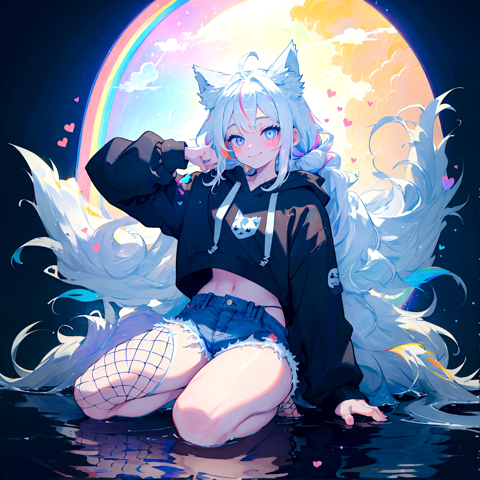 a cute adult male with wolf ears, long white hair, long locks, has a wolf tail, wearing a loose cropped black hoodie, wearing a pair of denim short shorts and fishnet stockings, thick thighs, wide hips, relaxing on mound of fluffy multi colored kawaii plushies, short, very slim, showing slender tummy, heart on hoodie, squishy thighs, has glowing blue eyes. alone, solo (ALONE)(SOLO), surrounded by rainbows, colorful galaxy backround, smiling, stretching out, water reflection