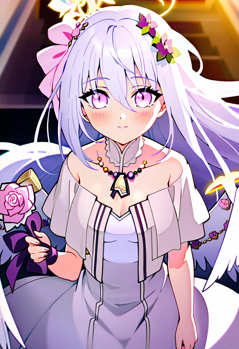 azusa \(blue archive\),1girl 1other alternate_costume angel_wings bare_shoulders blush bouquet breasts bridal_veil bride cleavage closed_mouth collarbone dress feathered_wings flower hair_between_eyes halo holding holding_bouquet jewelry long_hair looking_at_viewer medium_breasts necklace out_of_frame pink_flower pink_rose pov pov_hands purple_eyes rose solo_focus strapless strapless_dress veil very_long_hair wedding_dress white_dress white_flower white_hair white_rose white_wings wings small_breasts smile close_eyes