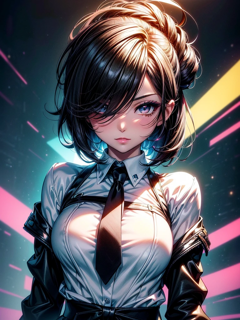 (masterpiece)(8k)(cute)(25-year old woman)(facial close-up:1.2)(1girl:1.5)(solo:1.8)(hand touching face:1.3)(wild hair:1.3)(short hair:1.3)(black brown hair)(shiny hair:1.2)(hair over one eye:1.5)(hairbun:1.2)(flat chest:1.3)(black pupils:1.5)(glossy skin:1.5)(glossy lips)(dark, glossy eye-shadow:1.6)(dark eyelashes:1.5)(white office shirt:1.6)(long black necktie:1.4)(nose piercing:1.2)(seductive pose:1.3)(skyscrapers:1.3)(penthouse:1.3) rossdraws pastel vibrant, rossdraws cartoon vibrant, style anime 8k, beautiful portrait, artgerm colorful!!!, ! dream artgerm, beautiful anime girl, styled digital art, art wallpaper 8k, digital art, extremely detailed artgerm,