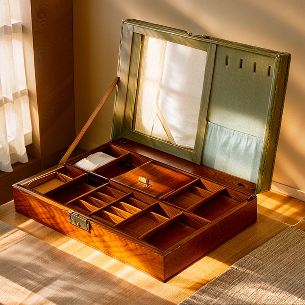In this cozy room,A ray of sunlight shone through the half-drawn curtains on the table,Let the wood grain on the watch storage box shine with a faint luster。There was a calm and peaceful atmosphere in the air around them。There are several still lifes hanging on the walls of the room,It adds a touch of elegance to the space。And on the other side of the room,The half-open window lets in the breeze,The pages on the small desk by the window turned in the wind,This quiet scene gives a sense of tranquility and comfort。