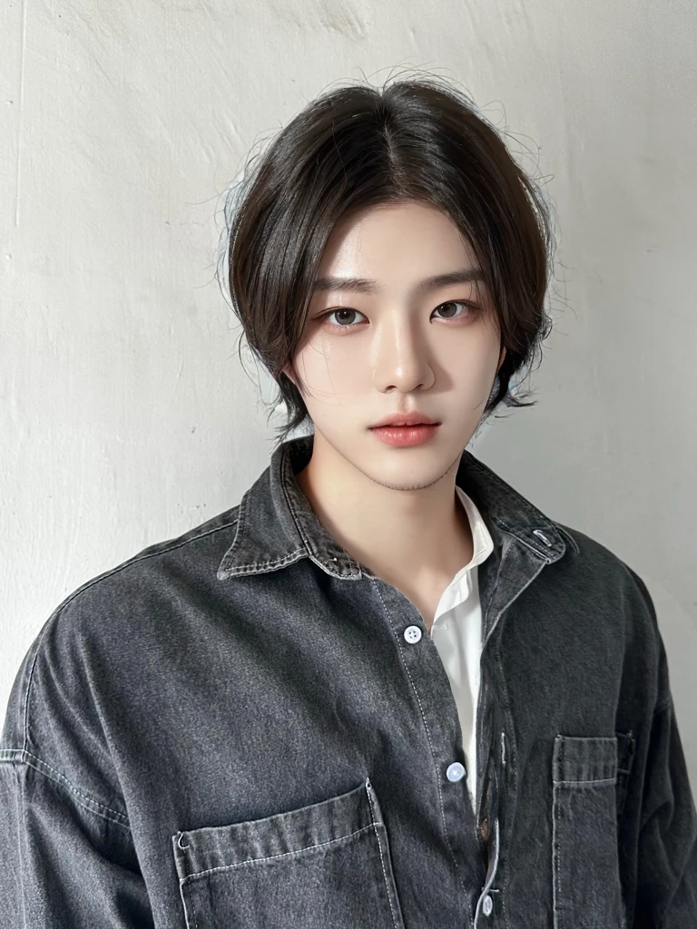 Best Quality, 8k, Masterpiece, (Portrait: 1.3), (photo realistic:1.4), (hyper realistic:1.4), Sharp Focus, looking at viewer, (smoother lighting:1.1), (increase cinematic lighting quality:0.9), realistic lighting, backlighting, light on face, ray trace, (brightening light:1.2), (Increase quality:1.4), sharp detail, (best quality real texture skin:1.4), finely detailed eyes, black_eyes, finely detailed face, 25 year old Korean man, (white formal_shirt:1.4), (Create an image maintaining the original base model hairstyle:1.5)