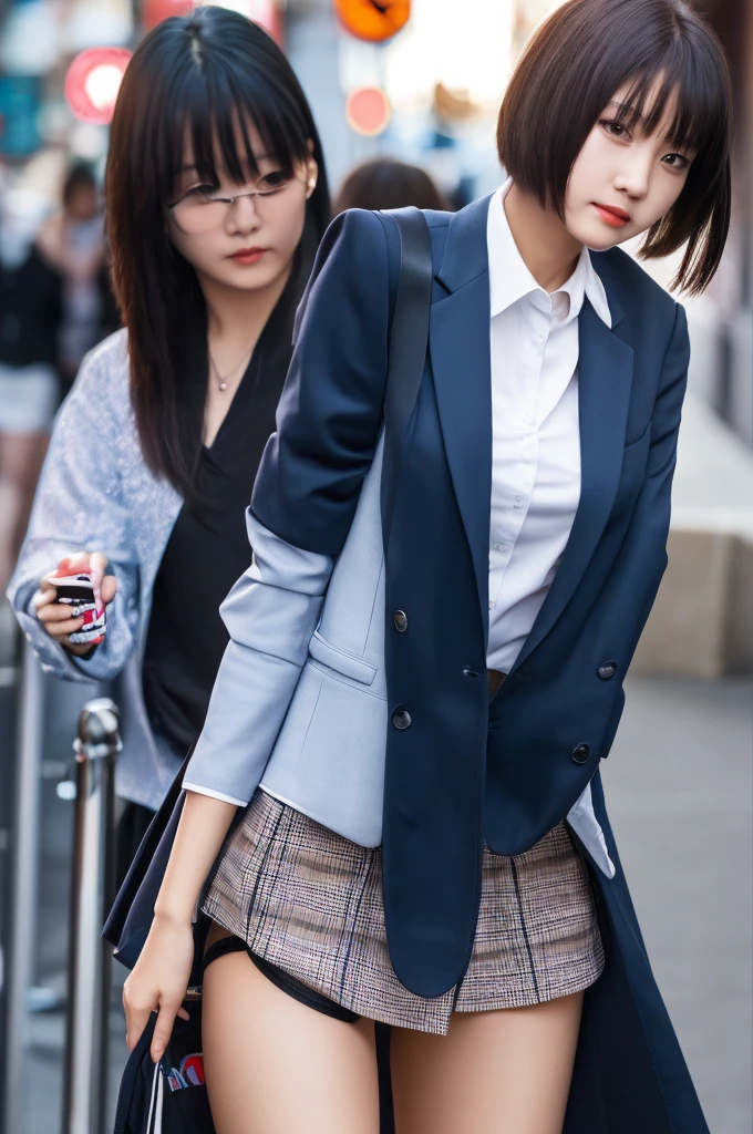 (shoulder length straight short black hair:1.0), （Extremely meticulous CG 8k wallpaper),16k,(Extremely refined and beautiful），（Masterpiece），（best qualtiy：1.0），（Ultra High Resolution：1.0），beautiful light up，Perfect lightning，realistic shaded，[A high resolution],(Smooth and flawless fair skin:1.5),(shiny skin:1.5),Extremely exquisite facial details,(perfect body：1.1),ultra - detailed,A beautiful girl,small head,(Small breasts:1.1),Flat chests，slim，thin，Smile，cheerfulness,(black jacket:1.5),(white collared shirt:1.3),(denim pants:1.4),(Black military boots:1.2),slender legs,(nightfall:1.5),Sunset light,(Surrounded by a crowded crowd:1.5),At the school gate,standing,from front,close-up of her upper body