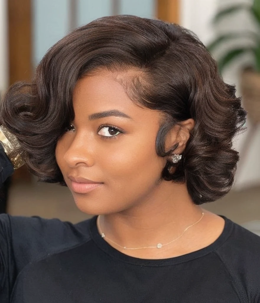 there is a woman that is cutting her hair with a hair dryer, with textured hair and skin, intriguing volume flutter, black bob haircut, brown bob haircut, short black hair with gel, wavy hair combed to one side, curly middle part haircut, redahair and attractive features, wavy short hair, wavy short hazel hair, short wavy hair