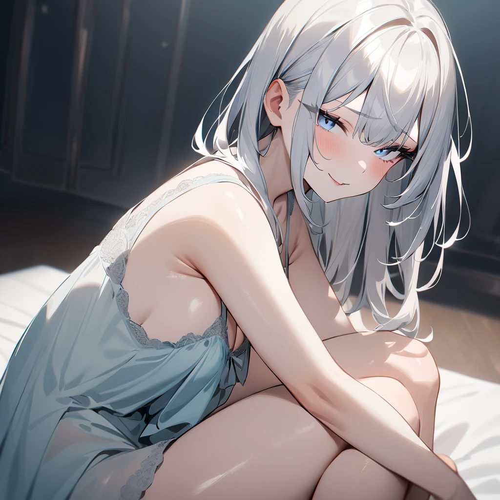 1girl,pale hair,ass focus,Cleavage,sideboob,pallid,pale colors,pale eyes,masterpiece,best quality,very aesthetic,absurdres,blue eyes,nightgown,apart,(lift),(knees),Black pupil,shiny hair,shiny skin, seductive smile, naughty face,come hither