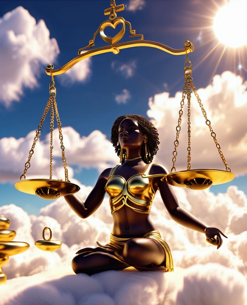 A glowing golden libra scale suspended in the sky among the clouds, with a black woman sitting in a meditation pose on the left scale of the libra scale and a mechanical heart sitting on the right scale of the libra scale, the weights imbalanced, a beautiful sunlight shining in the background providing a cinematic look, 32k, ultra HD. 