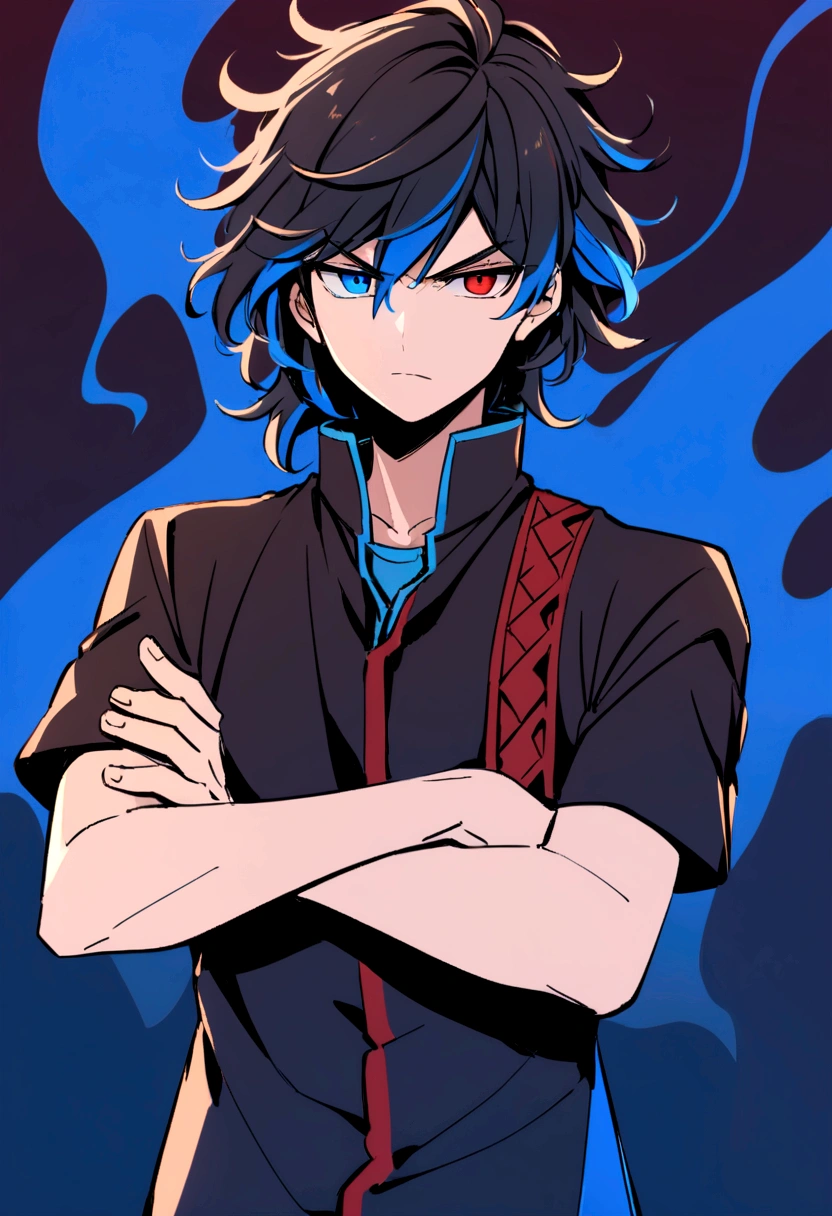 Teenage boy, Messy hair, Medium length hair, black hair with blue highlights, dark brown and blue eyes heterochromia, serious face, dark blue shirt, black jacket with red embellishments wide short sleeve, crossed arms