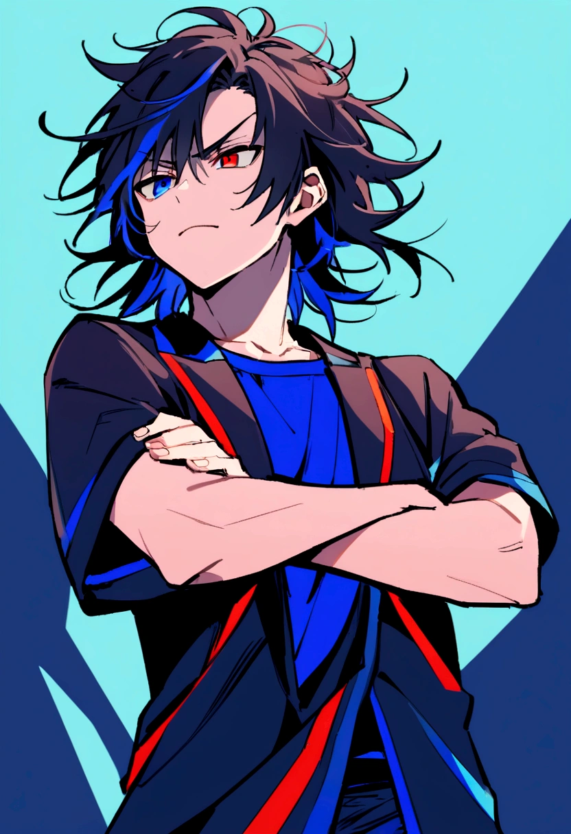 Teenage boy, Messy hair, Medium length hair, black hair with blue highlights, dark brown and blue eyes heterochromia, serious face, dark blue shirt, black jacket with red embellishments wide short sleeve, crossed arms
