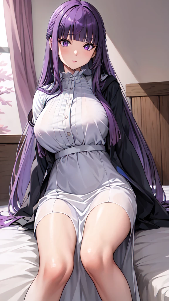 masterpiece, Highest quality, High resolution, Arfern, Long Hair, Purple Hair, Blunt bangs, Purple eyes, Large Breasts, Long dress, White Dress, Black Robe, Long sleeve, Sitting, Bedroom, Cowboy Shot,