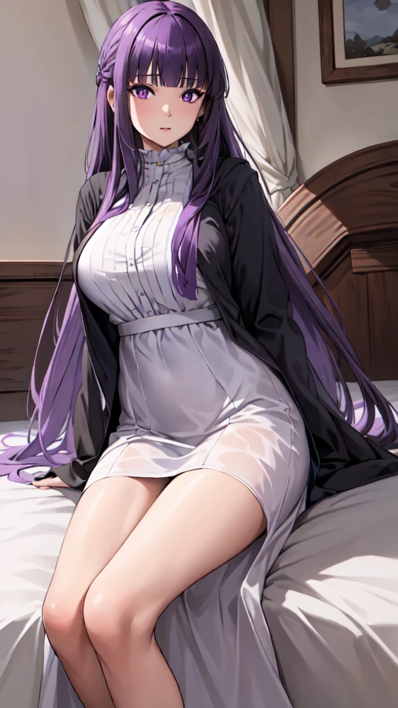 masterpiece, Highest quality, High resolution, Arfern, Long Hair, Purple Hair, Blunt bangs, Purple eyes, Large Breasts, Long dress, White Dress, Black Robe, Long sleeve, Sitting, Bedroom, Cowboy Shot,