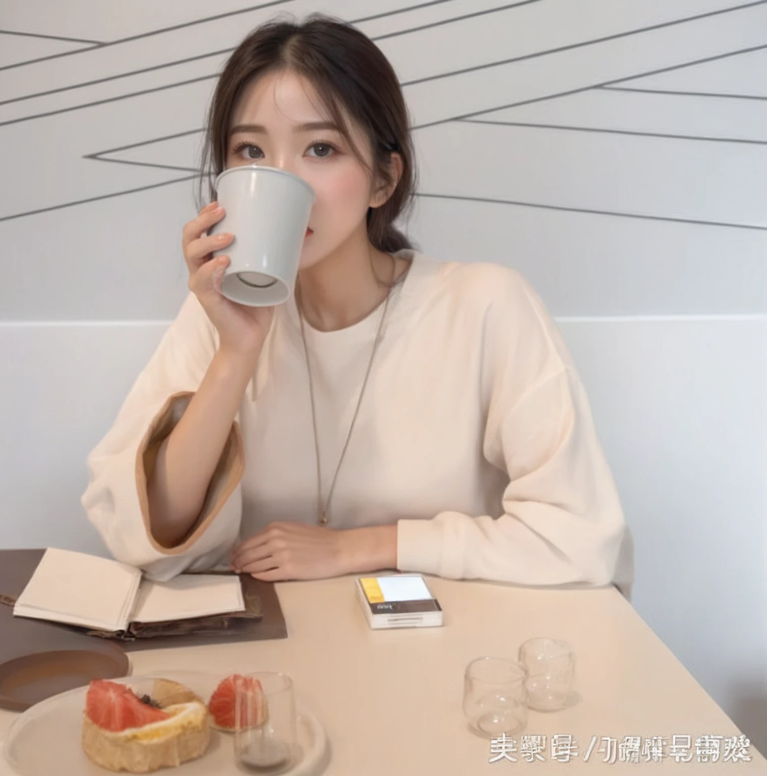 a beautiful asian woman sitting at a table, long straight black hair in a ponytail, fluffy hair, holding a cup of coffee, wearing a fashionable short sleeve shirt, (best quality,4k,8k,highres,masterpiece:1.2),ultra-detailed,(realistic,photorealistic,photo-realistic:1.37),detailed eyes,detailed lips,extremely detailed face,longeyelashes,cinematic lighting,cinematic atmosphere,warm color tones,muted colors,natural lighting,studio lighting,elegant,graceful,serene,contemplative,intricate details,high-quality digital painting,conceptart style,portraiture,fine art photography