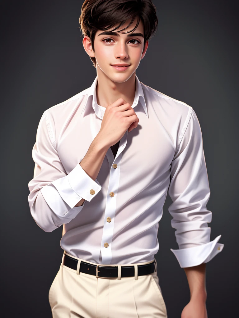 Realistic photo of a beautiful 3mm4w-v2 man, 1boy, solo, looking at viewer, smile, simple background, black hair, brown eyes, white shirt, pants, lips, realistic, unbuttoned, hand on own chin, soft lighting, professional Photography, Photorealistic, detailed, RAW, analog, sharp focus, 8k, HD, high quality, masterpiece