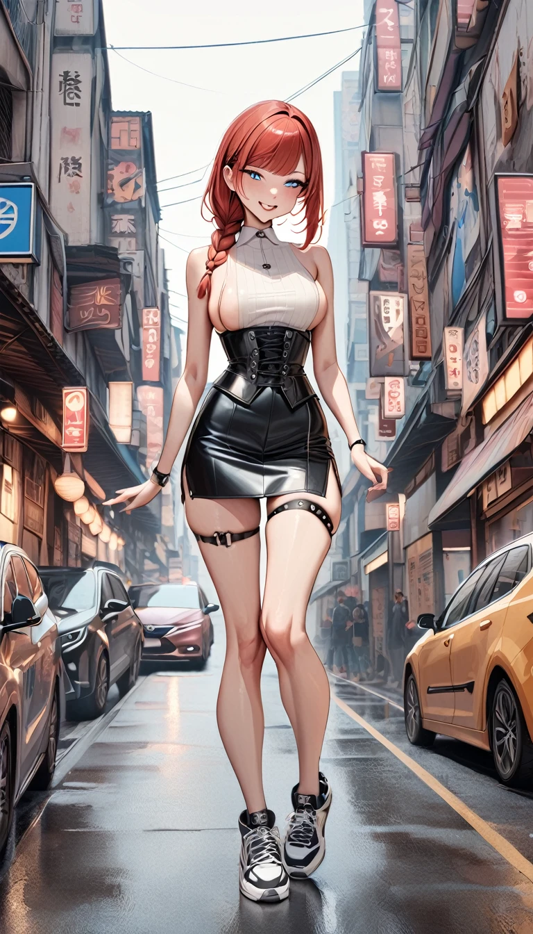 1girl, very tall, thin, (masterpiece, best quality:1.5), (photorealistic:1.3), very aesthetic, absurdres, full body, redhead, long braided ponytail, happy face, diagonal bangs, gradient blue eye, corset, sideboob, miniskirt, side slit, punk belt, sneakers, thigh gap, thigh strap for left leg only , front view pose, cityscape.