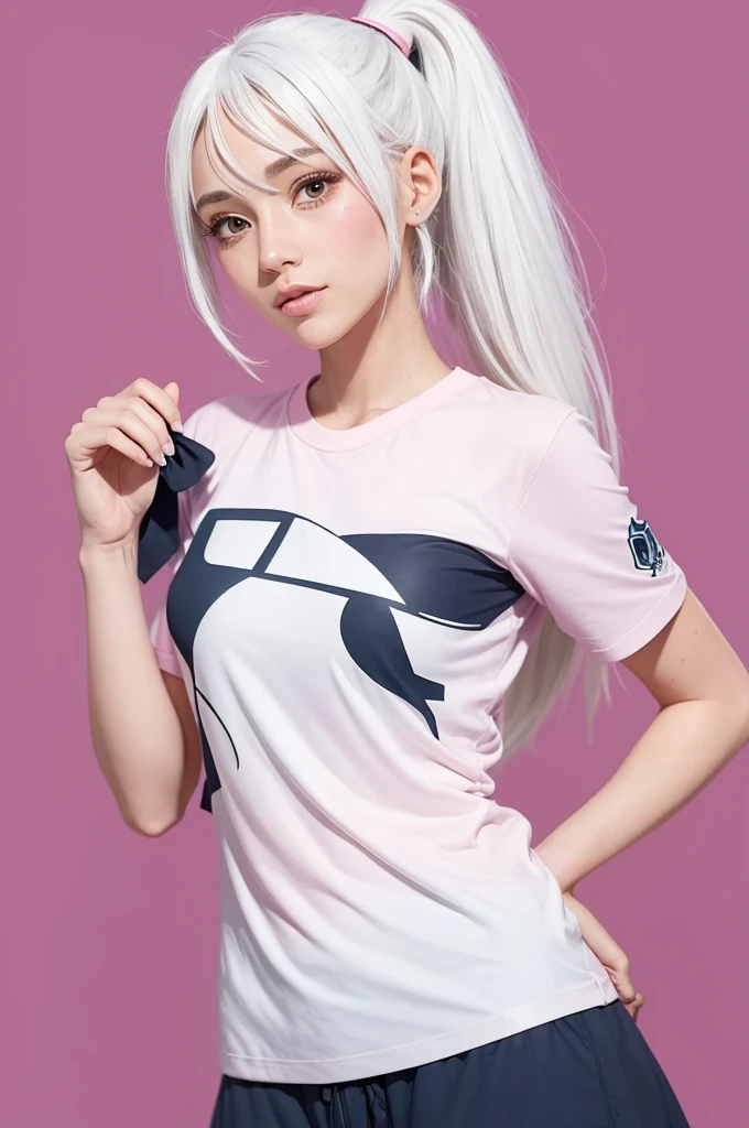 Cartoon style avatar illustration of a girl with white hair tied in a ponytail style pink team shirt holding a bear 