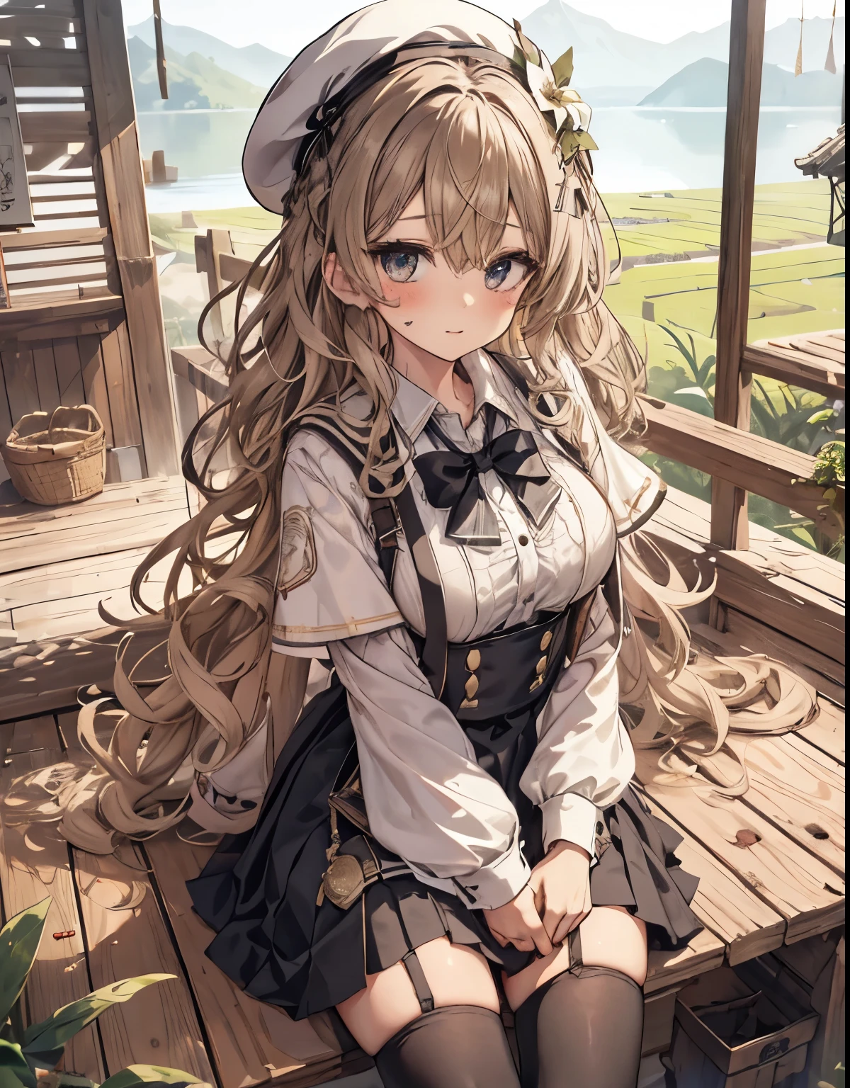 masterpiece, 1girl, sparrow, a light brown haired girl, wearing a sailor clothes, curly medium hair, messy hair, slim body, he close her left eye, shirt ornament, ruby eyes, ahoge, baby face, bige breast, beautiful breasts, rounded breasts, long sleeves, beautiful eyes, white stocking, droopy eyes, skirt, black skirt, plaid skirt, her age is 19 years old, ricefield, bowtie, sailor collar, flared skirt, tight shirt, skirt, nagisa_bluearchive, lovely face, medium hair, lovely smile, curly hair, white beret, sit, innocent face, view from above