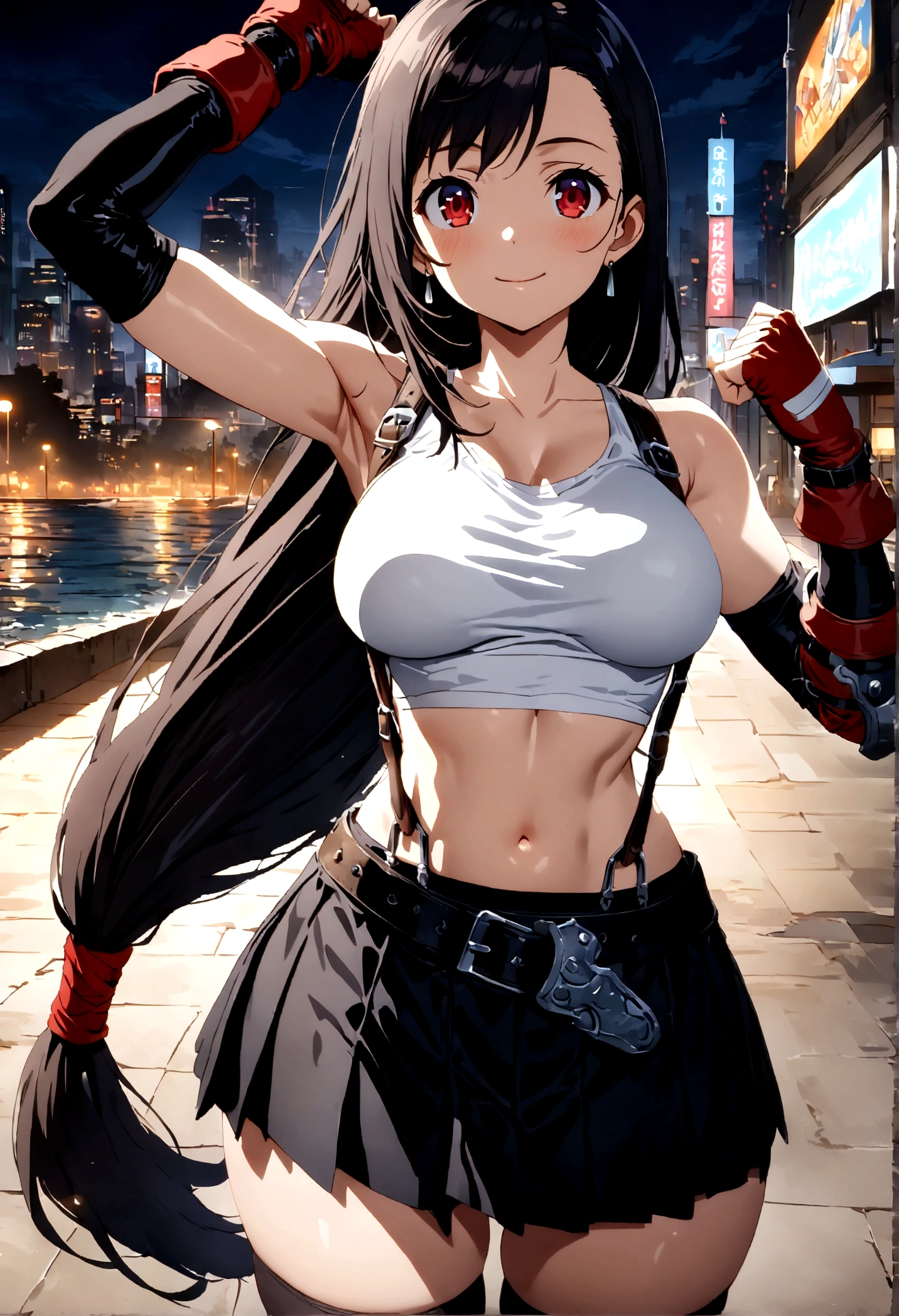 score_9, score_8_up, score_7_up,4k, ,BREAK , from front,from front,breast angle view,breast focus:1.5,standing,straight-on,(arm up,fist),(pantiesshot),(medium shot),looking_at_viewer ,1girl, tifa lockhart, final fantasy, tareme,black hair, low-tied long hair, red eyes, bangs, white tank top, belt, pleated skirt, thighhighs, elbow fingerless gloves, elbow pads, midriff, navel,suspender skirt ,large_breasts,(light smile),Curvy waist ,Solo,,(midnight and beachside and city),Toned,,detailed skin,(best quality),(aesthetic,very aesthetic),masterpiece, highres,4k,(ultra-detailed:1.4) (illustration:0.4), (ray tracing,:0.7),(anime colored:0.7),(ai-generated:0.5), (anime screencap:0.8),megami magazine