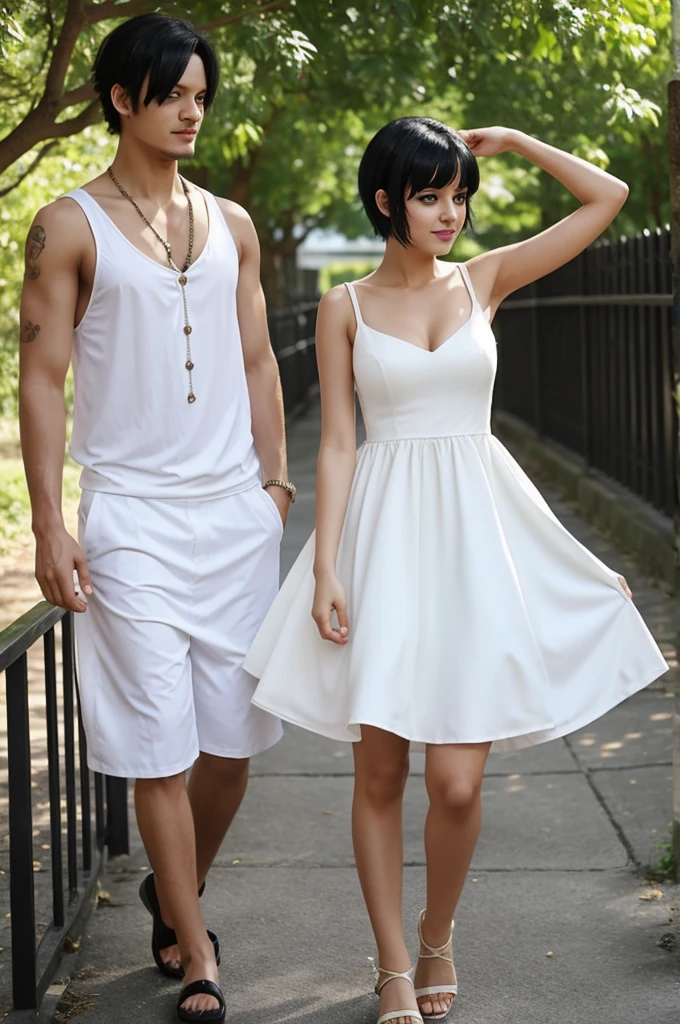 Create a girl with short black hair, with a white dress, Scene Together with sanji, One Piece