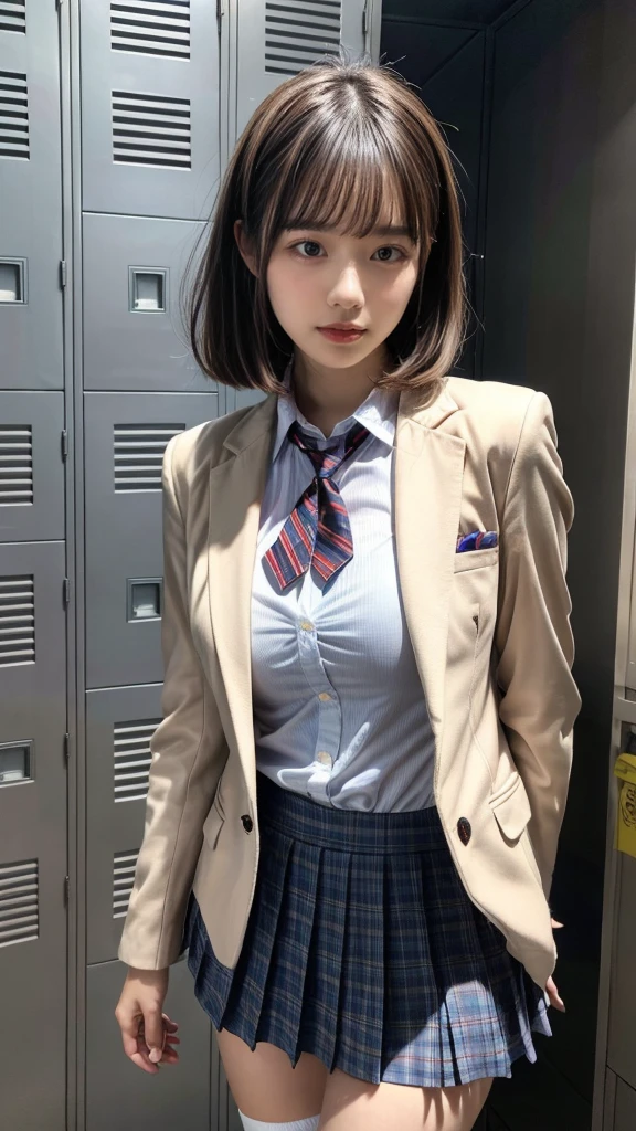 masterpiece, best quality, illustration, Super detailed, fine details, High resolution, 8K,wall paper, perfect dynamic composition,(Details High quality, realistic depiction of eyes:1.3), Upper body, front view, locker room、High school girl uniform、blazer 、Colossal tits、Disturbed uniform,  short bob hair, black hair color, huge breasts, Big Natural Color Lip, bold sexy pose, (perfect body shape), crying a little、Harajuku style、20 year old girl