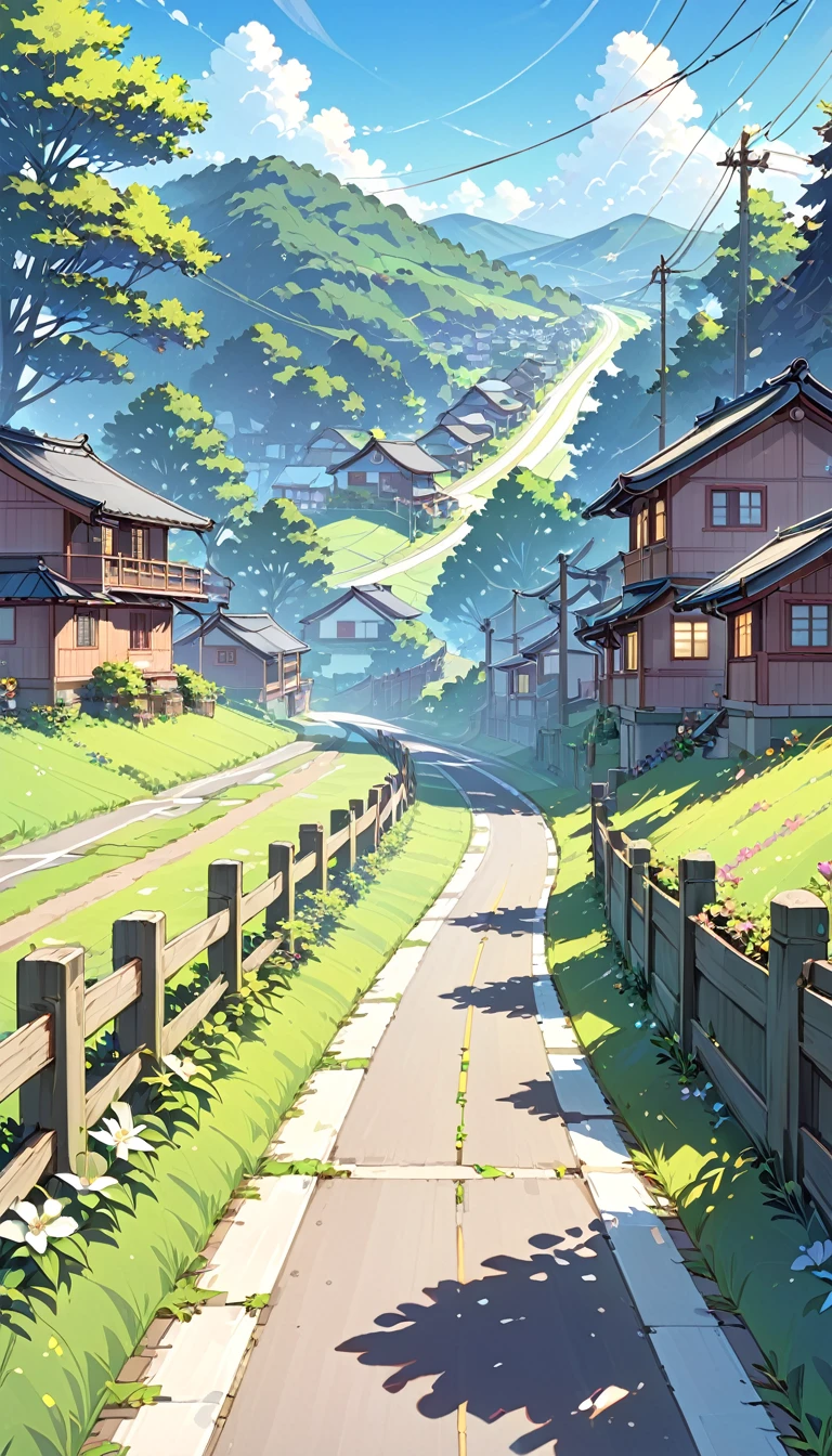 Highest quality、detailed、More information、beautifully、Anime Scenery、summer、countryside、Long asphalt road、The road is wide、Slightly overgrown grass、Tree-lined street、electric wire、electric wire、重なったelectric wire、sunny、Sunny、奥にはbeautiful海が見える、Birds are flying、A row of small wooden houses、Emotional、Attractive landscape painting、bright、shadow、beautiful、