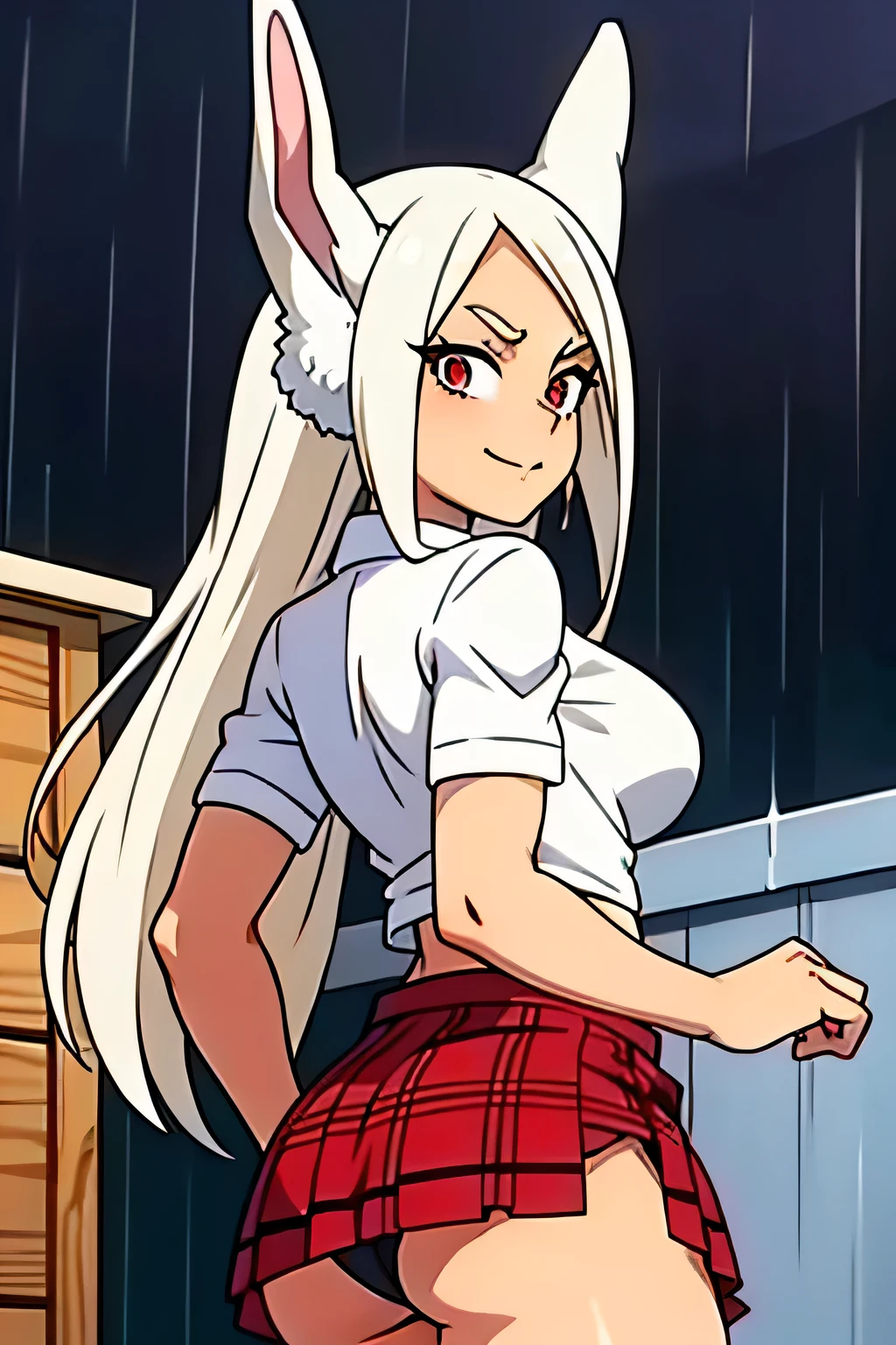 cute girls,round red eyes, White hair、Is behind,rabbit ears,big butt,sexy、smiling,Medium to long straight hairstyle、(big tits,she wears a plaid skirt,In a rental house,Is behind,evening,it was raining outside,Upper body is wet..,whole body,she wears a plaid skirt,she wears a red bra