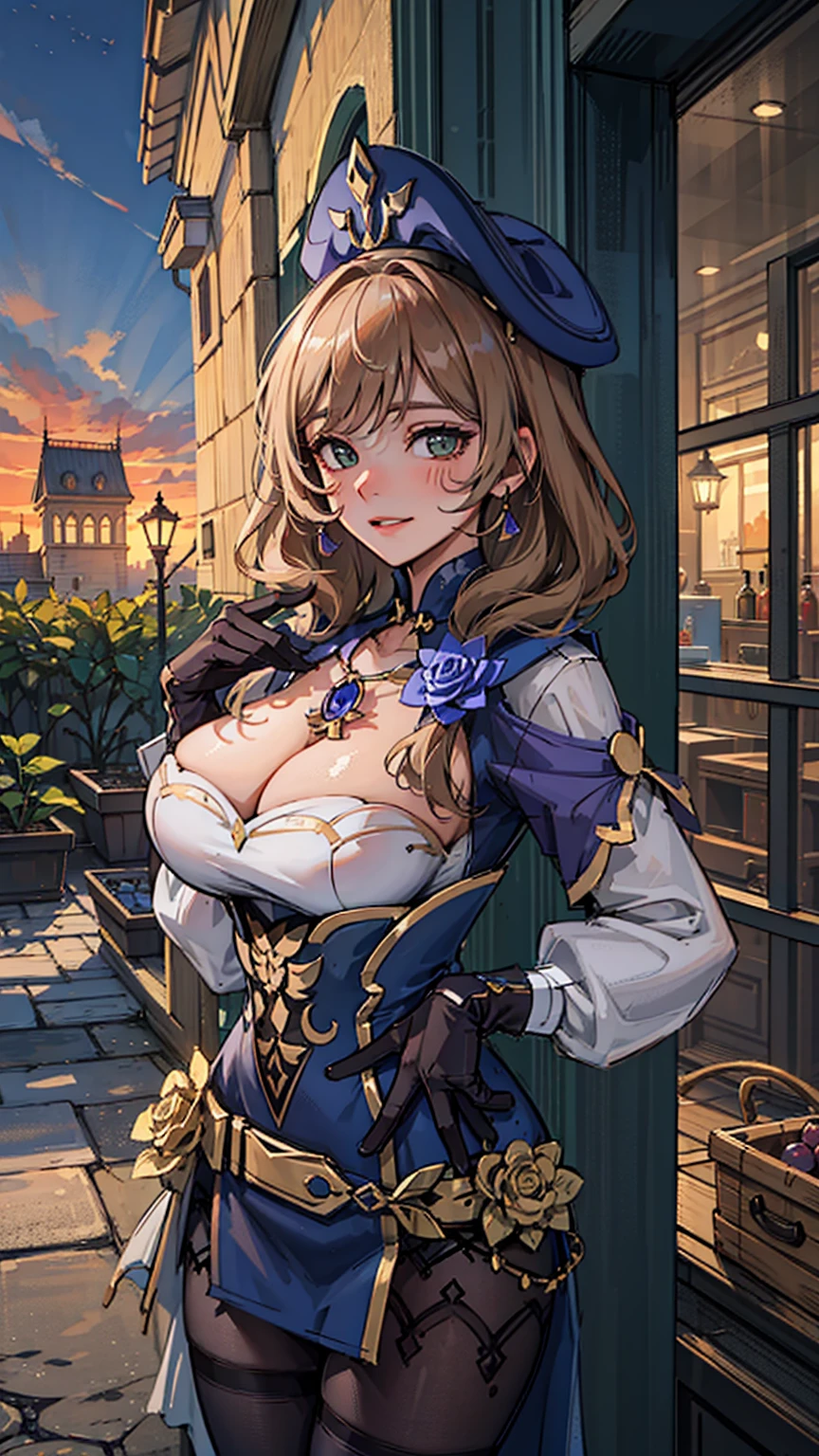Masterpiece, high quality, 8k,detailed body, ultra detailed, detailed face, standing, blush, bright eye, outdoor, (face detail), additional definition, (giant breasts),(evening), Half body, SMILE,