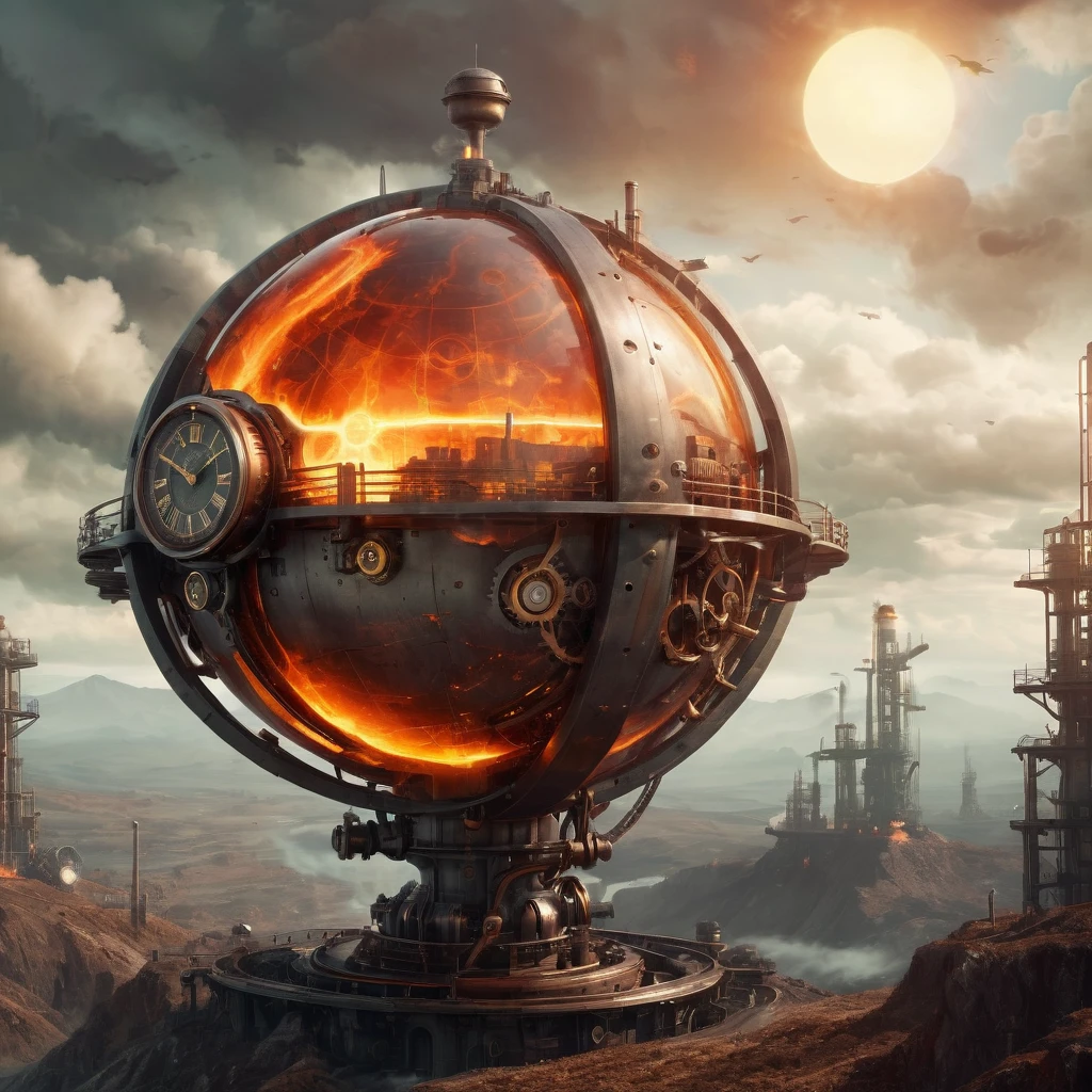 A steampunk-inspired interpretation of the fiery sphere and landscape, with industrial, mechanical elements and a vintage, retro-futuristic aesthetic.