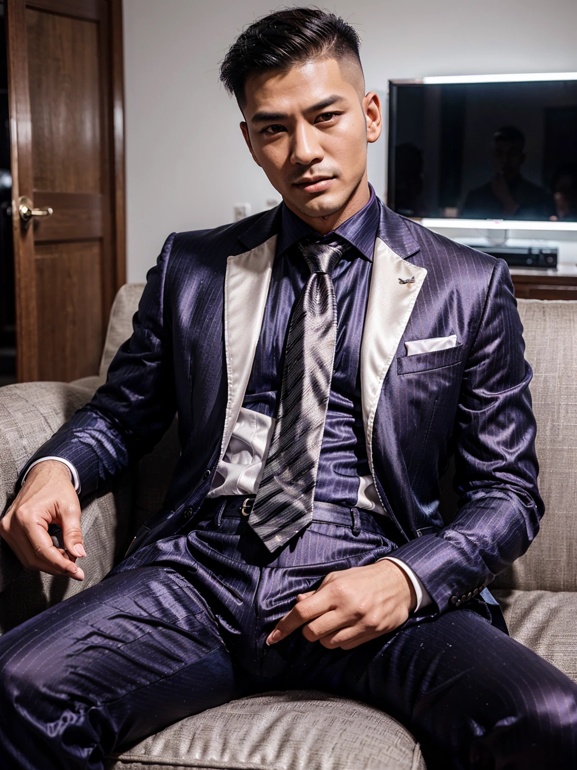 (One men), (Non Women and female), (40ys asian handsome high fade hair hot gay men), in shiny pinstripes stripes sharp suit with silk tie, seat on sofa, big bulge, dark mode, 8K, Ultra HD