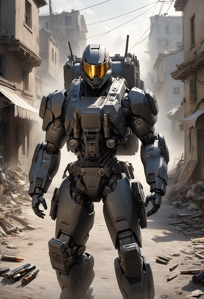 a humanoid military robot 2 meters tall with a helmet-shaped head and goggle mono-eye, detailed highly bullet-resistant reactive urban camouflage faded armor, backpack holding weapons and ammunition, (Gatling gun on one arm with bullet supply belt and empty cartridges1.2), ruined town background with fog, gunpowder and dust, tension, (best quality,4k,8k,highres,masterpiece:1.2),(realistic, realistic photo,Realistic photo: 1.37) ultra-detailed,concept art,ultra-fine painting,movie-like lighting