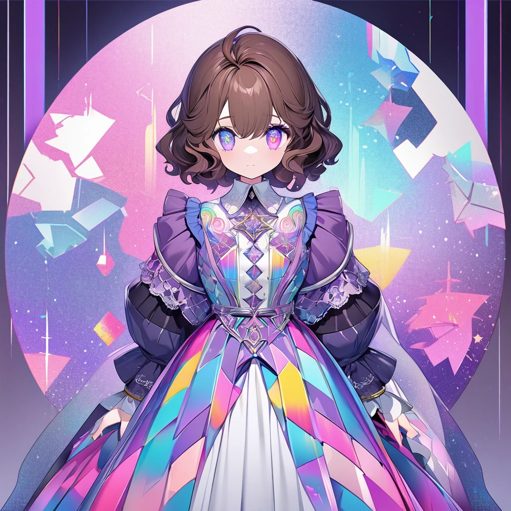 Create a stylized digital artwork featuring a melancholic, anime-like figure with large, vividly colored eyes that have a cosmic, star-filled pattern. The figure should have wavy brown hair and wear a dark, vintage-inspired outfit with a high white collar. Use a subdued color palette for the clothing and background, ensuring the eyes are the focal point with their vibrant hues of purple, pink, and blue. Incorporate subtle star-like details on the clothing to enhance the cosmic theme. The background should be minimalistic and dark, creating a mysterious and introspective atmosphere.