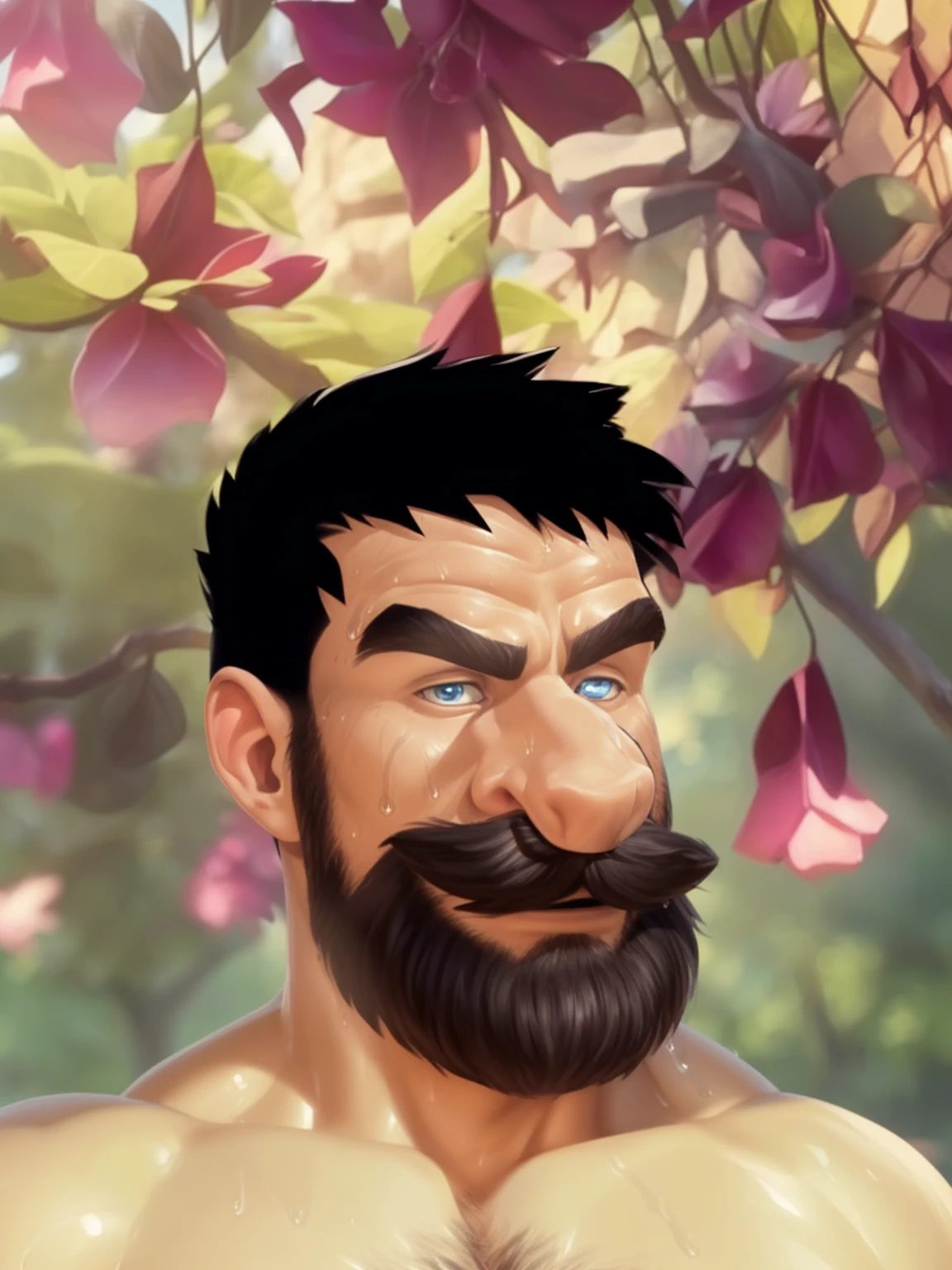 Captain haddock, (pose:Full Body Shot), (posing:Full Body Shot), (soft shading), (((4k, hi res, Ray tracing))), ((((extreme detailed sweat drops, glistening, glistening body))), ((detailed face, blue eyes,(detailed eyes:1.0), detailed)), by zackarry911, by zaush, (by personalami:0.5), looking at viewer, (((horny))), ((( wise))), 1boy, (((Highly detailed jewelry))), standing, closed mouth,(((Armpit hair, Mustache,body hair, nude, thick chest hair, beard, tuft, chest tuft, arm tuft))),(((muscular, dad bod, muscle vein))) ,male focus, black hair, (((naked, nude))), nature, nice hair (((extreme detailed chest hair,muscle vein,human,human nose))), (((glistening hair black hair)))
