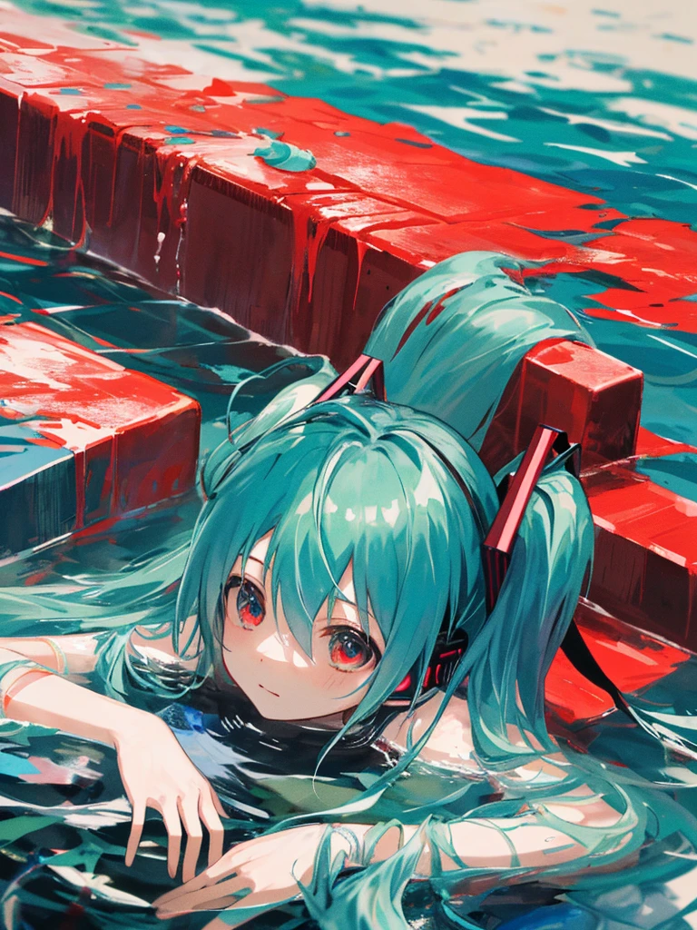 hatsune miku, swimming in a pool of blood