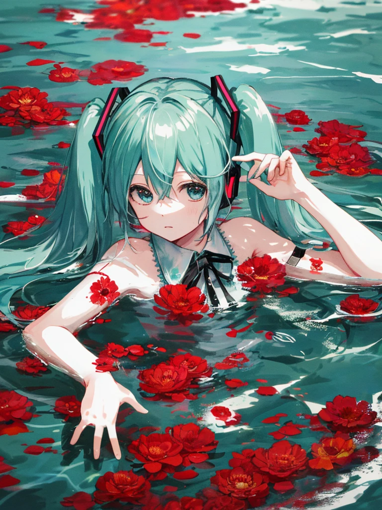 hatsune miku, vampire, swimming in a pool of blood