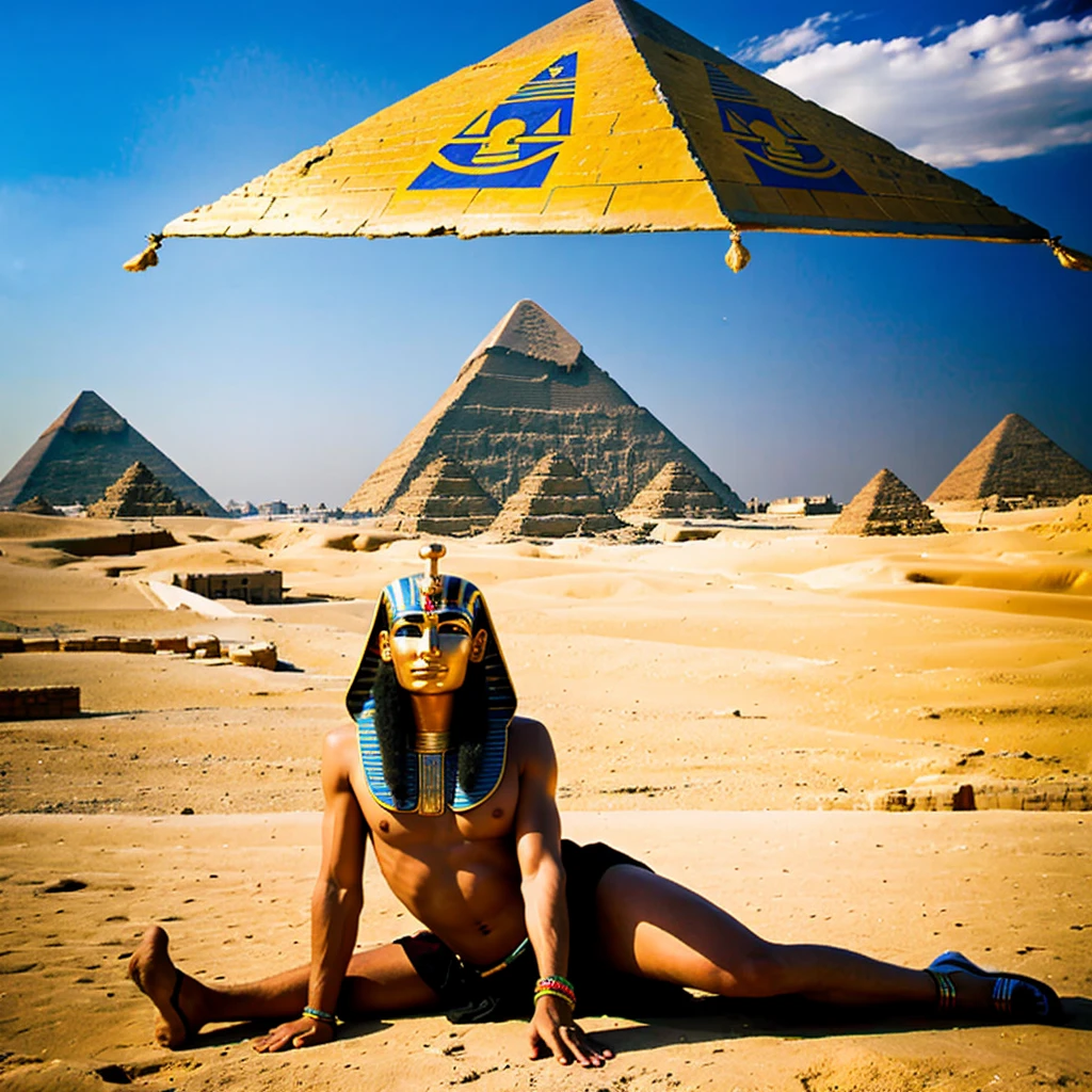 Create an image in Egypt, of a pharaoh with Eye of Horus, a Pyramid in the background, UFOs in the sky. (futuristic image)