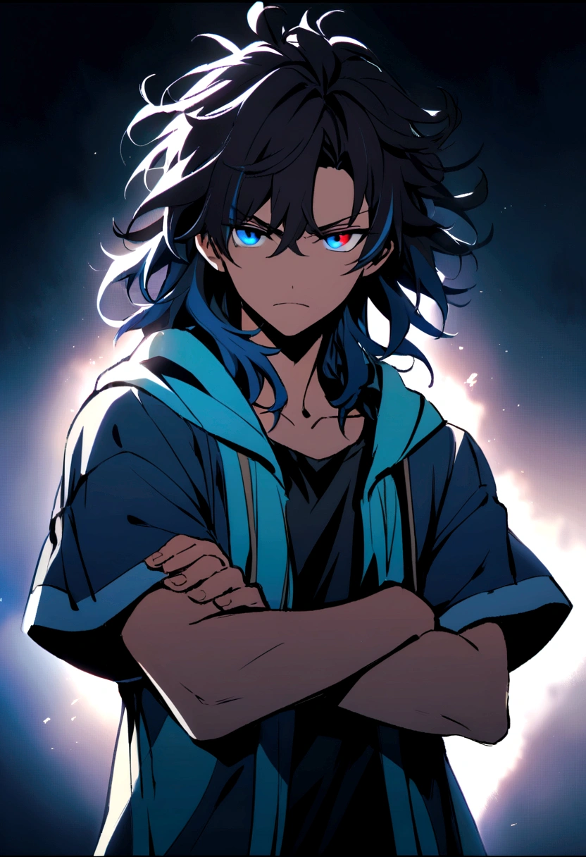 Teenage boy, Messy hair, Medium length hair, black hair with blue highlights, dark brown and blue eyes heterochromia, serious face, dark blue shirt short-sleeved loose jacket, crossed arms
