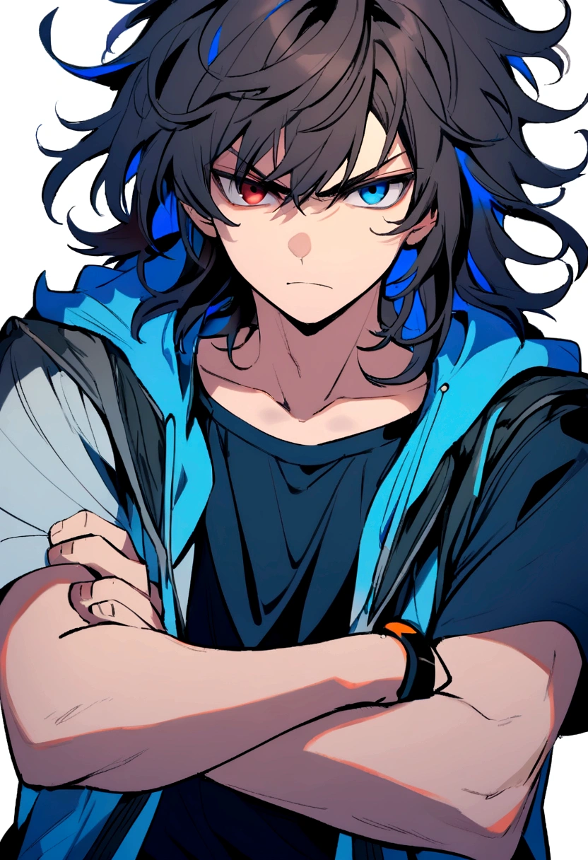 boy, Messy hair, Medium length hair, black hair with blue highlights, dark brown and blue eyes heterochromia, serious face, dark blue shirt short-sleeved loose jacket, crossed arms