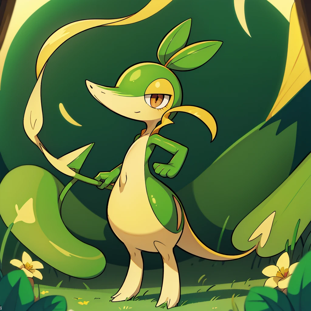 (masterpiece, best quality:1.2),solo,snivy \(pokemon\),pokemon \(creature\),full body,no humans,flower field, good lighting, defined tail, pointed snout, beautiful eyes, ancesra art style