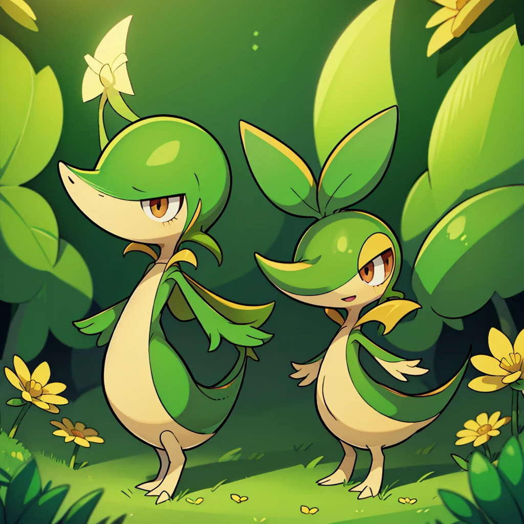 (masterpiece, best quality:1.2),solo,snivy \(pokemon\),pokemon \(creature\),full body,no humans,flower field, good lighting, defined tail, pointed snout, beautiful eyes, ancesra art style