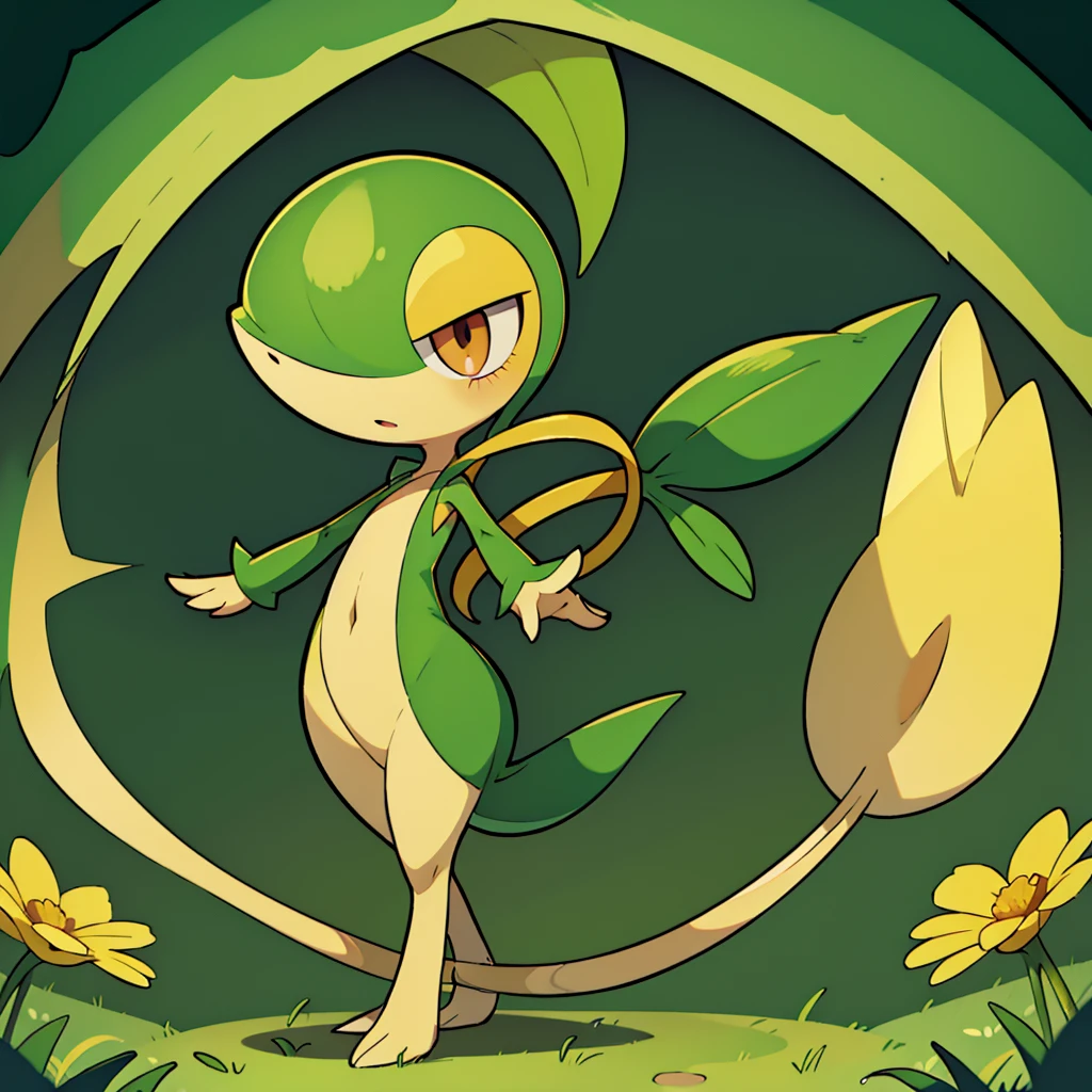 (masterpiece, best quality:1.2),solo,snivy \(pokemon\),pokemon \(creature\),full body,no humans,flower field, good lighting, defined tail, pointed snout, beautiful eyes, ancesra art style