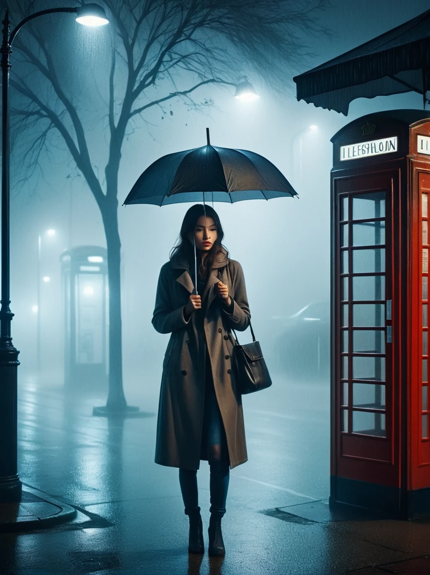 1girl, 独奏, rain, fog, cold, Dull, , phone  booth, bus stop, night, Street Lights, The dim light shines in the fog,and the figure stands in the fog holding an umbrella, (clair obscur, cinematic lighting, drop shadow, film grain, anatomically correct, accurate, award winning, highres, 8K)