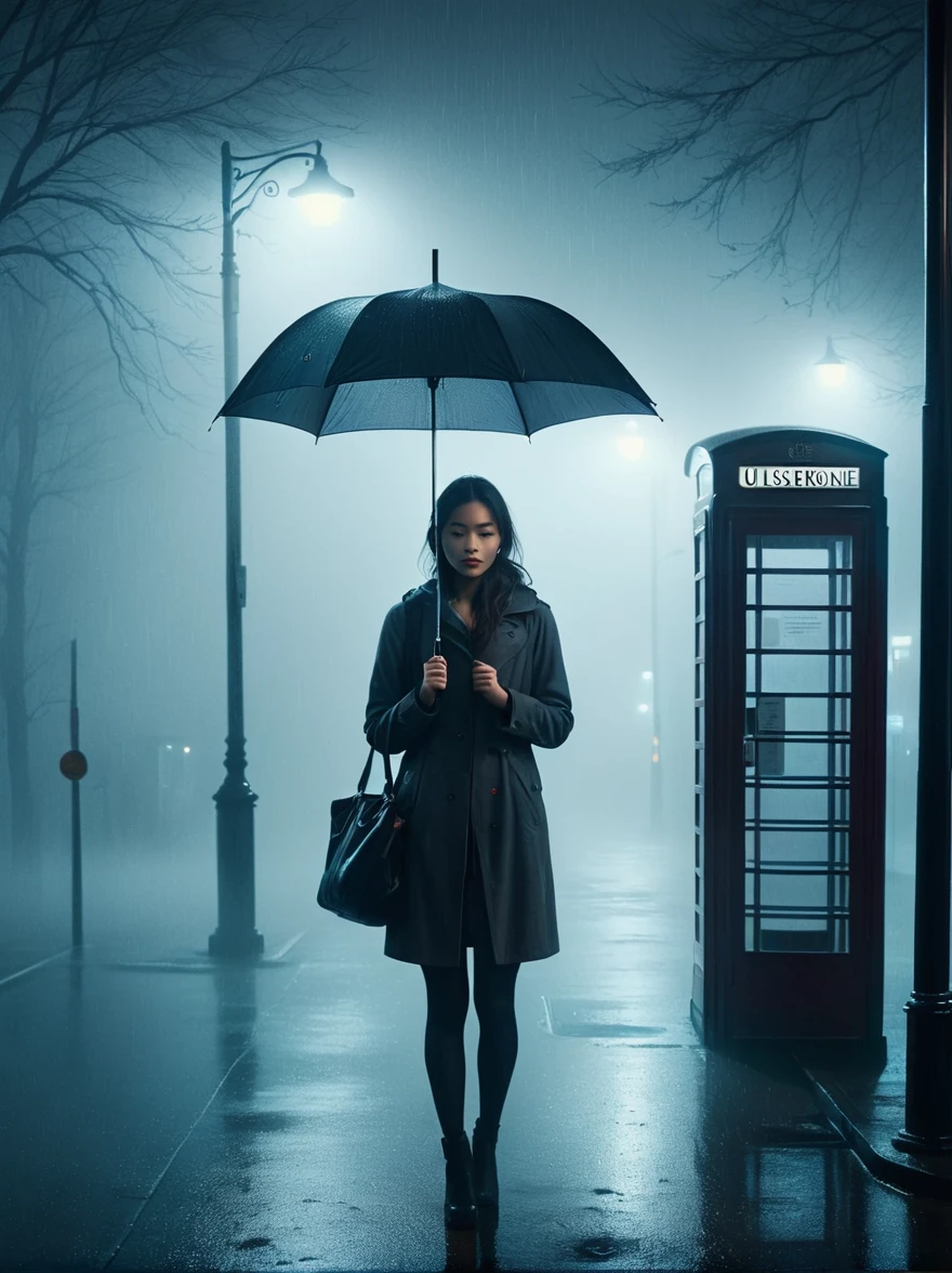 1girl, 独奏, rain, fog, cold, Dull, , phone  booth, bus stop, night, Street Lights, The dim light shines in the fog,and the figure stands in the fog holding an umbrella, (clair obscur, cinematic lighting, drop shadow, film grain, anatomically correct, accurate, award winning, highres, 8K)