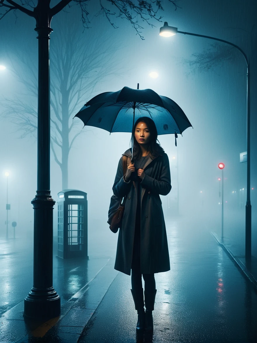 1girl, 独奏, rain, fog, cold, Dull, , phone  booth, bus stop, night, Street Lights, The dim light shines in the fog,and the figure stands in the fog holding an umbrella, (clair obscur, cinematic lighting, drop shadow, film grain, anatomically correct, accurate, award winning, highres, 8K)