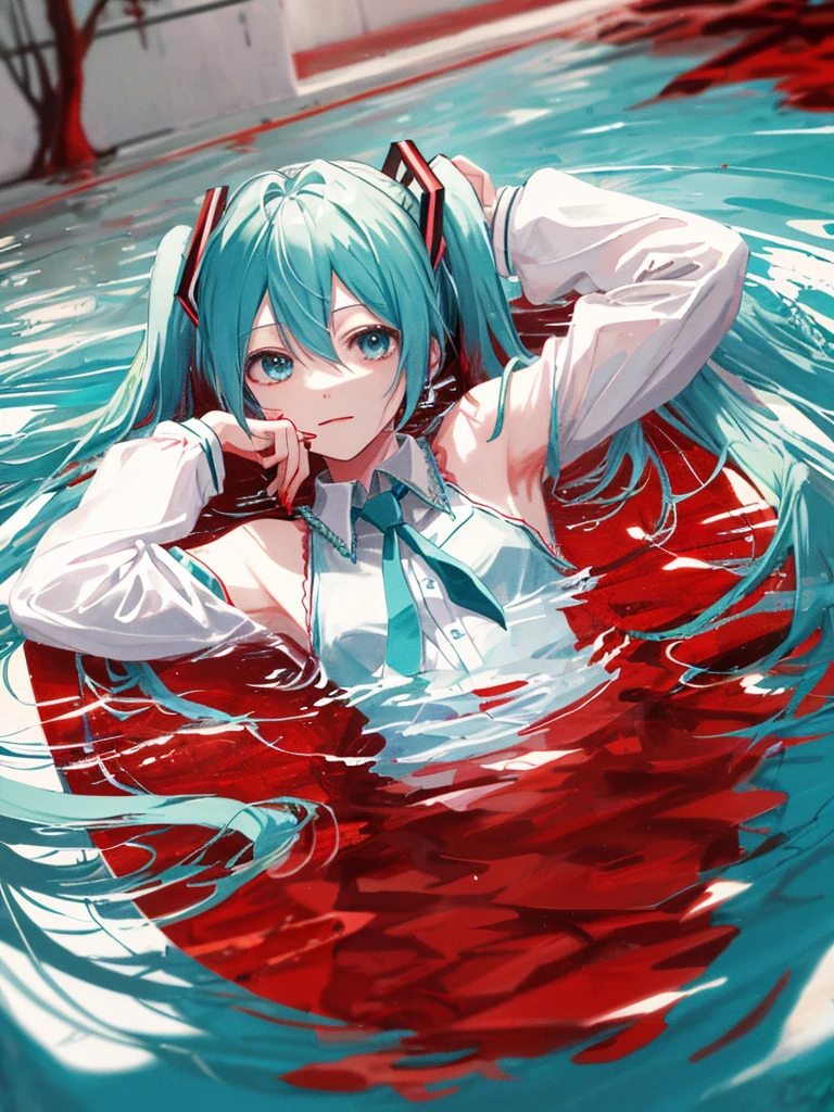 hatsune miku, vampire, swimming in a pool of blood