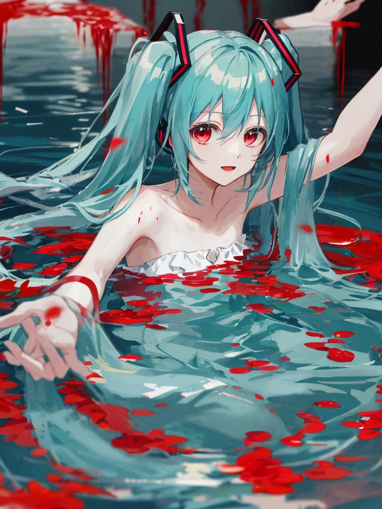 hatsune miku, vampire, swimming in a pool of blood