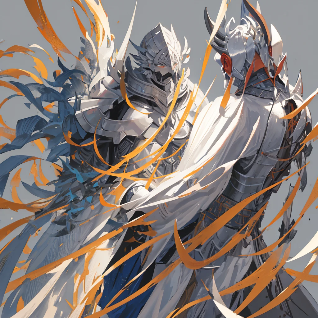 A medieval guard,warrior,mighty,divinity,白色短发male,Wearing armor,(male),((Plain gray background))