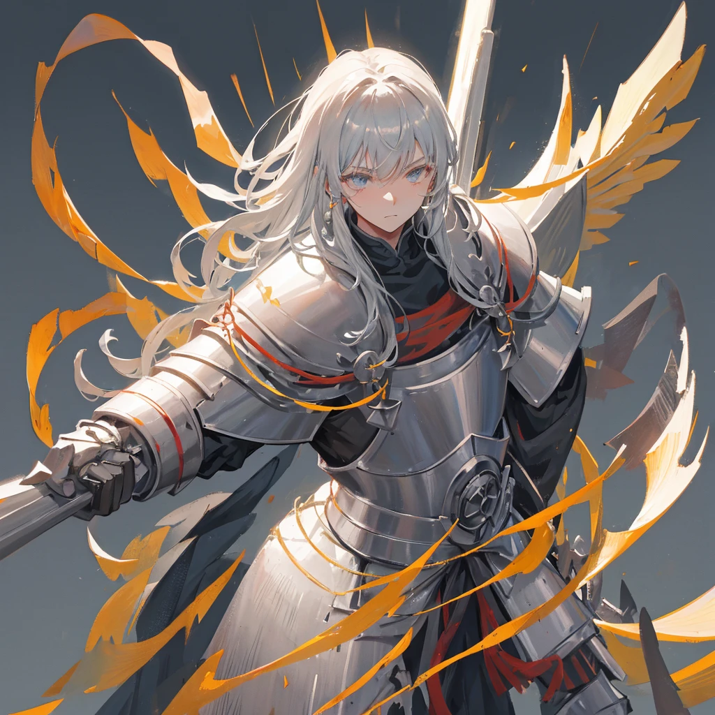 A medieval guard,warrior,mighty,divinity,白色短发male,Wearing armor,(male),((Plain gray background))