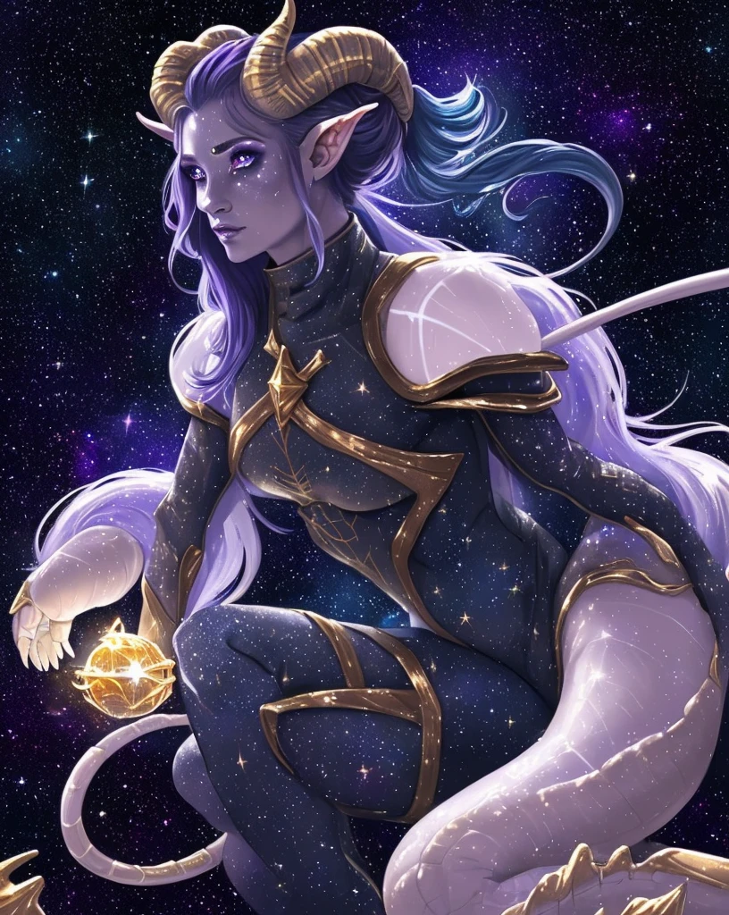 A space dragon sitting at the edge of the universe looking lonely, her tears are made of star constellations, she is surrounded by water and the universe melding together, surrounded in darkness as reality breaks and shatters like glass. The woman has draconic features, gold horns and a golden dragon tail with blue and purple hair, her eyes made of the galaxy,A space dragon sitting at the edge of the universe, lonely, sad, void, stars, the stars mixed in the sea, a sea of stars, ethereal woman, Blue and purple hair , space buns, space outfit, white black and gold outfit, golden dragon horns and tail, space outfit, space suit, mass effect suit, perfectly drawn face, black dress, stars detailed background, prismatic lighting, glitter, whole body, walking on the stars with crystal shoes A beautiful dragon humanoid woman with space hair of variant shades of blue and purple with space buns in hair , Golden scanes on the face and shoulders, Anime, 4k, Beautiful woman with a golden dragon tail and horns, Space hair, Floating in space, Vintage space Attire, floating through space, dancing, havign fun, Space Witch, Witch, Older woman, Toned physique, long hair with side bangs, humanoid face with scales, human with dragon horns and tail, witch outfit, body suit, thigh boots, wearing black, white and gold, blue hair, purple hair, Woman in space with water rippling reflecting the night sky, space and water mixed today, dancing in space, floating, ethereal dragon at the edge of the universe, end of the universe