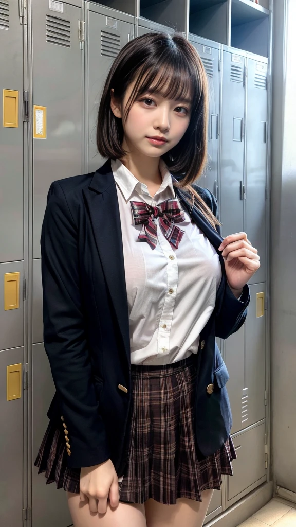 masterpiece, best quality, illustration, Super detailed, fine details, High resolution, 8K,wall paper, perfect dynamic composition,(Details High quality, realistic depiction of eyes:1.3), Upper body, front view, locker room、High school girl uniform、blazer 、Colossal tits、Disturbed uniform, short bob hair, black hair color, huge breasts, Big Natural Color Lip, crying a little、Harajuku style、20 year old girl