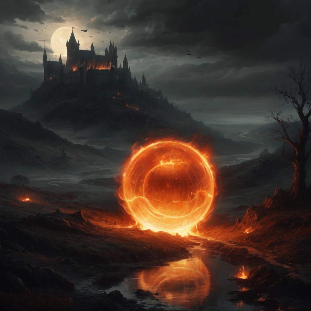 A dark, atmospheric depiction of the fiery sphere and landscape, with intricate, medieval-inspired details and a somber, eerie mood.